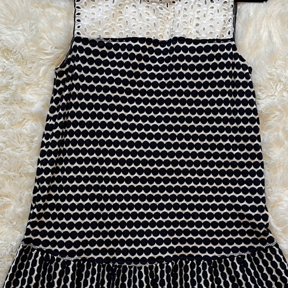 Black White Polka Dot Eyelet Lace Sleeveless Blouse Ruffle Hem Flowy Top Medium - Picture 6 of 12